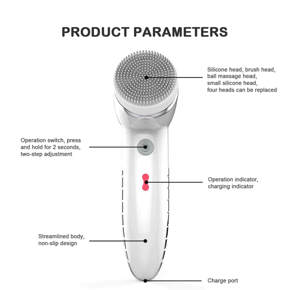 Professional title: "4-in-1 Facial Cleansing Brush with Sonic Vibration and Deep Cleaning Massage - Includes 4 Replaceable Heads"